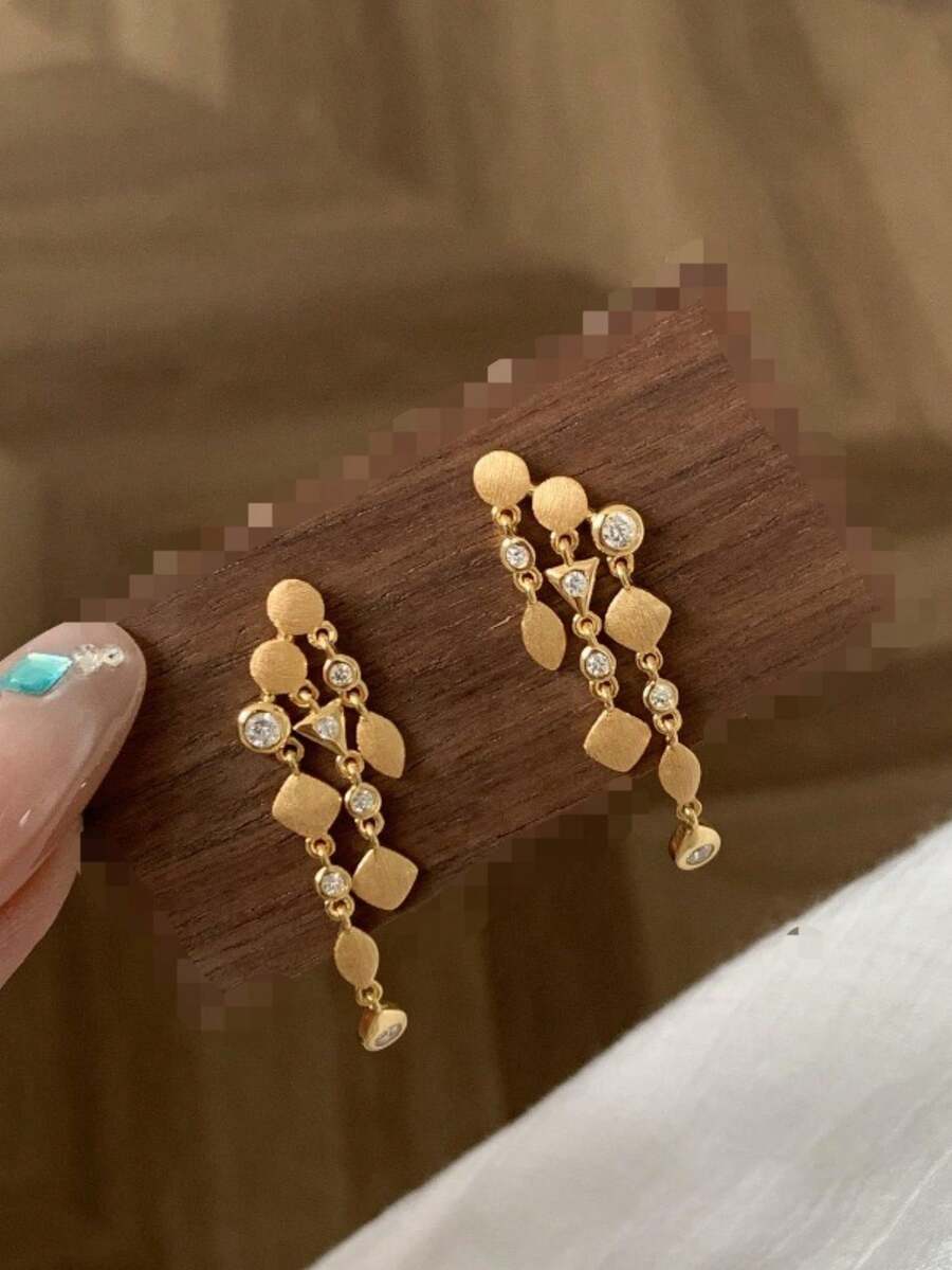 2 件/套（可单独选择）法式奢华复古个性化设计纹理不对称流苏项链和耳环，带水钻，时尚优雅，适合女性日常、节日、派对穿着、女友礼物 - 金色 - 查看 1