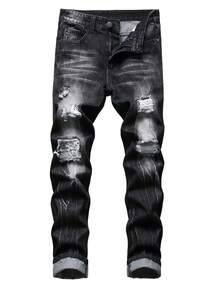 1 Pair Of Men's Jeans, Ripped Denim Street Pants, Slim Fit, Black Ripped Men's Jeans Suitable For All Seasons - Black - View 9