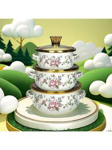 3pcs Enamel Coated Cookware Set: Milk Pot With Handles, Enamel Bowl, Mini Pot, Soup Pot, Ramen Bowl, Small Hot Pot, Thick Enamel Pot With Handles, Suitable For Induction Cooktop, Gas Stove, Cooking Small Portions Or Food Storage, Family Dinner Supplies, Christmas Party Supplies