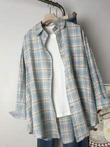 YUXIN 复古蓝色格子长袖时尚宽松女士衬衫，独特设计，秋季