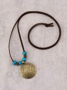 1pc Vintage Wooden Bead & Geometric Metal Chain Necklace, Long Sweater Chain For Women - Blue Wooden Beads + Bronze Zodiac Plaques - View 8