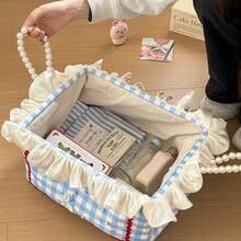 1pc Large Plaid Lace Laundry Basket, High-Quality Multi-Purpose Snack Storage Box, Contrast Color Cream Ruffle Edge Storage Basket, Rectangular Handmade INS Style Stitched Fabric Desktop Organizer Box