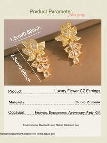 jealous young 1 đôi hoa mạ vàng sang trọng đính đá Cubic Zirconia sáng bóng dành cho nữ, thích hợp cho đám cưới, kỷ niệm, sinh nhật, quà tặng - Vàng - Xem 3