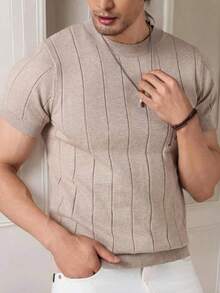 Men's Casual Crew Neck Solid Color Short Sleeve Knit T-Shirt - Khaki - View 5