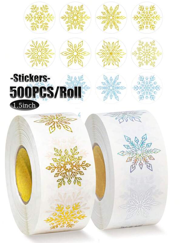 500pcs/Roll Large 1.5inch Gold Holographic Snowflake Christmas Stickers, Silver Holographic Snowflake 1.5inch Round Plastic Seals, Matte Finish, Disposable, Merry Christmas & Snowflake Design, For Envelope Sealing, Card Making And Holiday Decoration, 8 Patterns