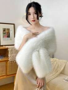 1pc Women's Long Champagne Fluffy Bridal Shawl, Winter Coat Fall Clothes For Women - White - View 11
