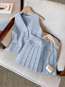 Women's Elegant Casual Houndstooth Vest And A-Line Pleated Skirt Suit, Spring/Summer - Baby Blue - View 1