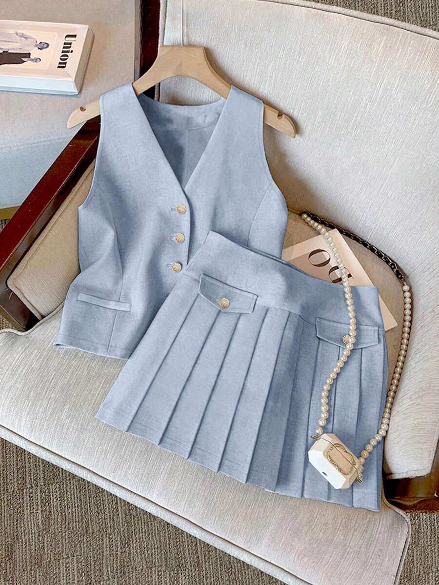 Women's Elegant Casual Houndstooth Vest And A-Line Pleated Skirt Suit, Spring/Summer - Baby Blue - View 1