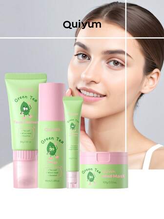 1 Set Pore Shrinking QUIYUM Green Tea Skincare Set,(Cleansing Healthily Green Tea Mud Mask 100g+Clean Pores Green Tea Facial Cleanser 80g+ Oil Control Green Tea Toner100ml+Lightening Dark Circles Green Tea Triple-Roller Eye Cream 20g)For Women, Mom, Wife, Sister, Teen, Girl Friend For Women All Skin Types