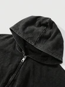 Washed Men's Autumn Drop Shoulder Zip Front Vintage Graphic Print Casual Hoodie - màu đen - Xem 3