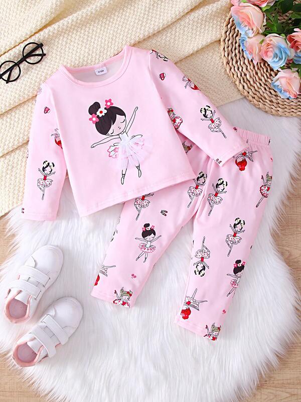 2pcs Baby Girls Casual Dancing Girl Print T-Shirt And Allover Dancing Girl Print Pants Outdoor Set, Autumn/Winter