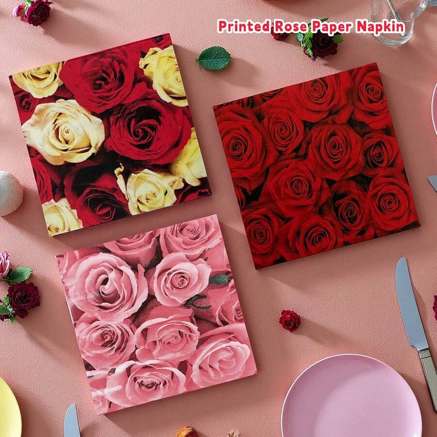 20/40 piezas Servilletas de papel con estampado de rosas rojas, de 6.5*6.5 pulgadas plegadas, servilletas desechables impresas de 2 capas con rosas rojas, amarillas y rosas, perfectas para el Día de San Valentín, cumpleaños, fiesta nupcial, celebración de fiestas, decoración de bodas en suministros para eventos y fiestas