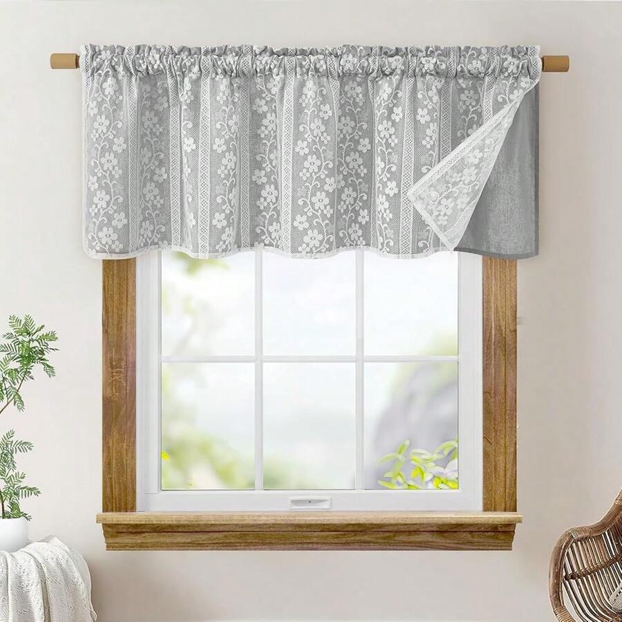 Linen Farmhouse Kitchen Curtains, Double Layered Valances For Windows With Linen And Lace, Rustic Curtains For Bathroom Window, Kitchen, Cafe Curtain 18 Inch Length Rod Pocket, 52 X 18, Grey - Grey52Wx18LPackof1 - View 1