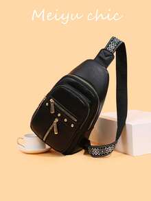 Bolso bandolera clásico multifuncional de unicolor, de tela de PU retro impermeable, con bolsillos en los bordes y cierres de cremallera, adecuado para viajes, compras, actividades al aire salidas - Negro - Ver 3