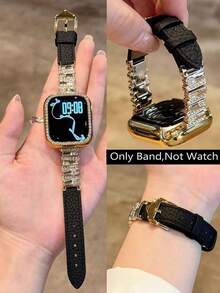 1 Peça Compatível com Pulseira de , Unissex, Pulseira de Metal Dourado com Strass Assimétrico & Preta, Compatível com Apple Watch 38/40/41/42/44/45/49/46mm, Compatível com Apple Watch S10/Ultra/SE/9/8/7/6/5/4/3/2/1, Macia e Confortável, Elegante e Versátil, Adequada para Ocasiões Casuais e de Festa, Acessório - Preto - Visão 2