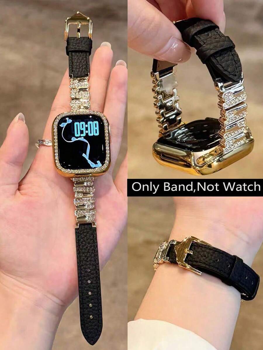 1 Peça Compatível com Pulseira de , Unissex, Pulseira de Metal Dourado com Strass Assimétrico & Preta, Compatível com Apple Watch 38/40/41/42/44/45/49/46mm, Compatível com Apple Watch S10/Ultra/SE/9/8/7/6/5/4/3/2/1, Macia e Confortável, Elegante e Versátil, Adequada para Ocasiões Casuais e de Festa, Acessório