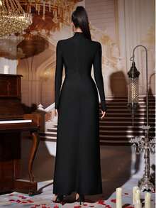 فستان طويل أسود للنساء ذو ياقة عالية مفرغ، فستان زفاف حفلة كرة ، فستان حفلة عيد الميلاد