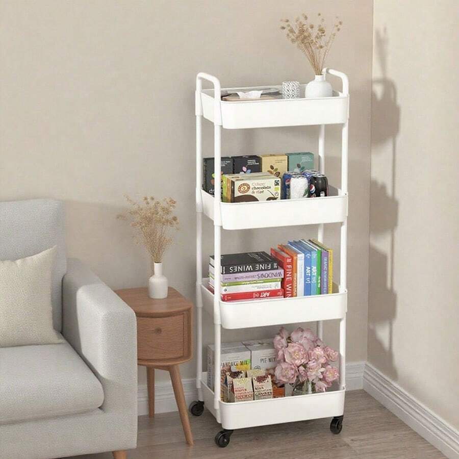 Vehículo utilitario de plástico de plástico de 4 capas con mango, carrito de almacenamiento multifunción, adecuado para oficina, sala de estar, cocina, almacenamiento móvil con ruedas, blanco, negro - Blanco - Ver 1