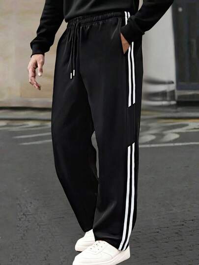 1pc Men's Loose Fit Casual Sweatpants, Suitable For Daily Commute, Sports Training, Running, Outdoor Hiking, Fitness, Jogging, Workout, Versatile Straight Leg Striped Pants , Fall