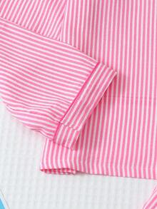 2 件女式蓝白条纹印花睡衣套装，长袖纽扣领上衣和裤子，休闲睡衣家居服，适合秋冬，秋季服装 - 粉色 - 查看 5