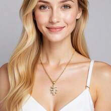 dollrinboy 1pc 14K Gold Plated Stainless Steel Catholic Caravaca Cross Pendant With Angel Necklace, Unisex, 3mm Flat Figaro Chain Necklace - Cross - View 8