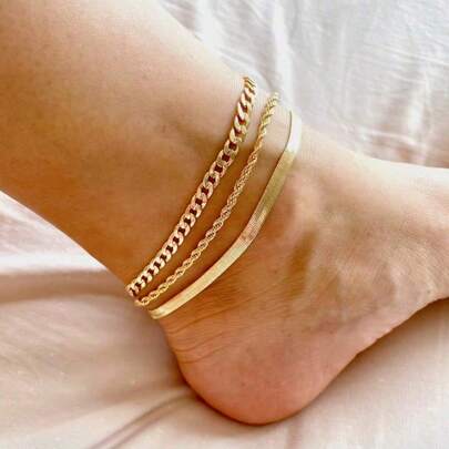 Gold Anklet For Women,Women's Simple Gold Anklet,Gold-Plated Foot Jewelry,Cuban Chain Anklet, Snake Chain Herringbone Chain Anklet,Stainless Steel Jew