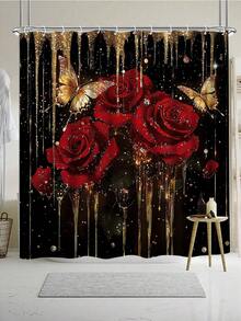 Black & Gold Luxurious Rose Shower Curtain | Obsidian Black Base + 3D Metallic Gold Splatter + Handcrafted High-Saturation True Red Roses X2 + Gold Foil Butterflies X2 | 180 X 180cm Thick Waterproof PEVA Shower Curtain | Full-Panel High-Definition Digital Printing, Machine Washable, Colorfast | INS Luxury Bathroom Makeover/Valentine's Day/Women's Day/Birthday Surprise/Housewarming Gift For Best Friends Bathroom Decor Christmas Decor