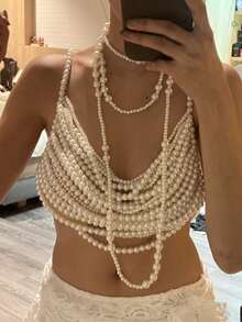 DEKUNER 1Pc High Quality Luxury Layered Women's Pearl Camisole Top Hand Knotted Fashion Sexy Pearl Body Chain - 170 Beige - View 4
