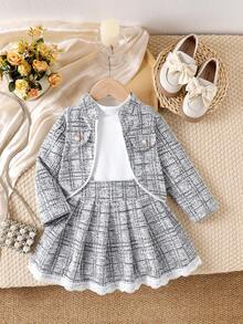 3 pièces Ensemble fille comprenant : veste longue élégante à fleurs et dentelle, Top à manches longues de couleur unie, et jupe. Automne/Hiver