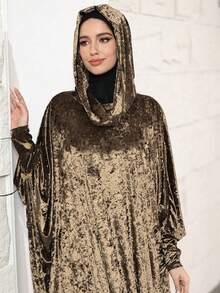 VFJ Muslim Prayer Dress, Solid Color Elegant Turkish Style Middle Eastern Arabic Ladies' Long Robe, Gold & Brick Red Wool Hooded Robe, With Storage Bag Included