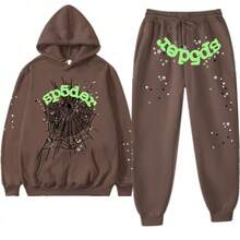 American Hip-Hop Singer Letter Print Couple Sweatshirt Unisex Hoodie Set Black Casual Wear Vacation Wear Streetwear Fabric - 13咖啡色 - 查看 1