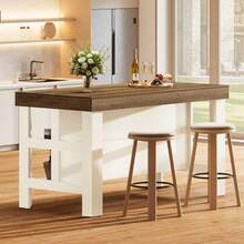 Tribesigns Kitchen Island With Seating And Storage Shelves, 55.1-Inch Breakfast Counter Farmhouse Island Table For Kitchen Dining Room - 棕色和白色 - 查看 5