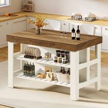 Tribesigns Kitchen Island With Seating And Storage Shelves, 55.1-Inch Breakfast Counter Farmhouse Island Table For Kitchen Dining Room - 棕色和白色 - 查看 4