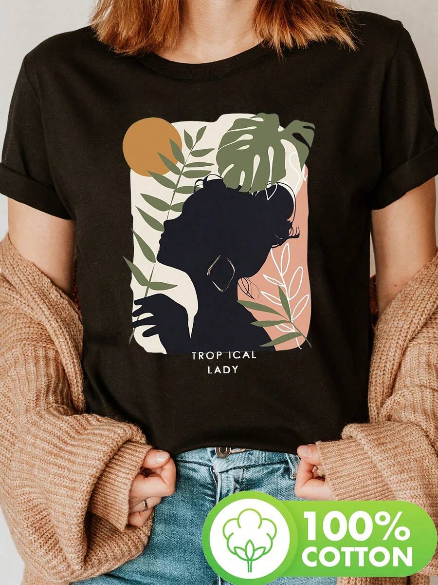 Camiseta Gráfica Tropical Para Mujer - Camiseta Casual De Cuello Redondo Con Mangas Cortas, Diseño De Palmera Y Mano, Color Negro, Perfecta Para Primavera Y Verano, Ajuste Relajado | Camiseta Gráfica | Diseño Artístico