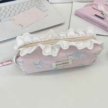 1 bolsa para lápis com estampa de gato e renda, grande capacidade, design colorido e portátil, adequada para cenários de armazenamento de papelaria, caixa de papelaria/organizador de estojo de lápis