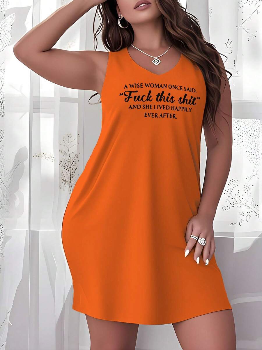 Plus Size Womens Nightdress Inspirational Gift Idea Nightdress, Cute Sleeveless Crew Neck Sleepwear Dress, Fashion And Casual Summer Beautiful Nightgown For Lady Girls And Women Sleep Wear, Nice Gift For Lady - 橘色 - 查看 1