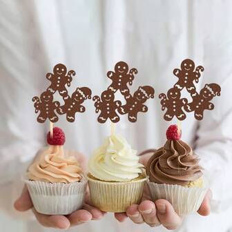 12 piezas Decoraciones de Cupcakes de Jengibre Navideños, Decoraciones Premium de Cupcakes Temáticas Navideñas, Decoraciones de Torta para Fiesta de Cumpleaños Temática Navideña, Color Marrón