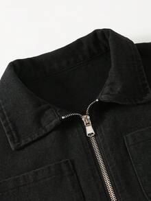 2pcs/Set Casual Fashion Street Style Letter Print Pocket Zip Up Denim Jacket And Straight Leg Denim Pants For Teenage Girls