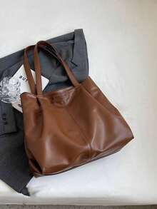 New Stylish Large-Capacity Women's Tote Bag, Versatile For Casual Wear, Retro PU Soft Leather Shoulder Bag Suitable For Daily Use, Commuting, And School. - Brown - View 1