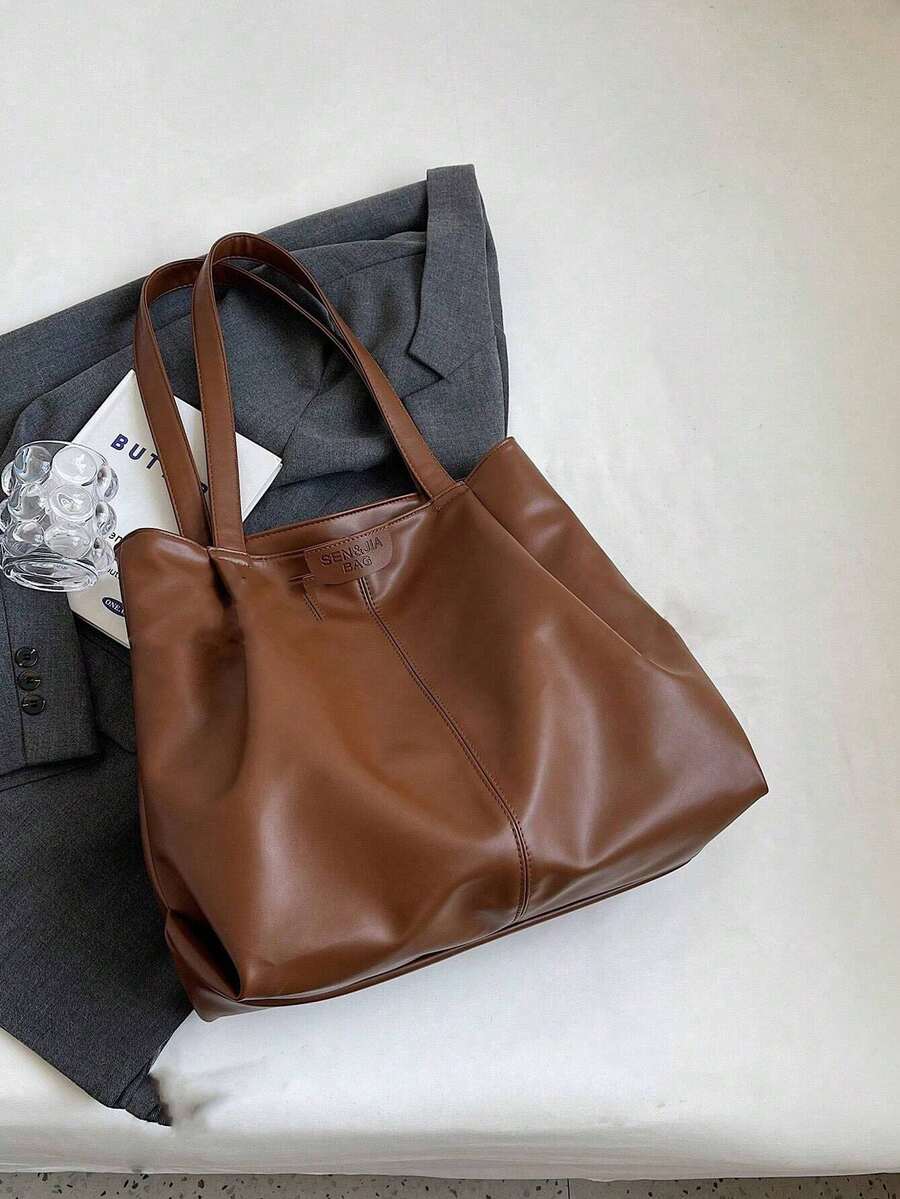 New Stylish Large-Capacity Women's Tote Bag, Versatile For Casual Wear, Retro PU Soft Leather Shoulder Bag Suitable For Daily Use, Commuting, And School. - Brown - View 1