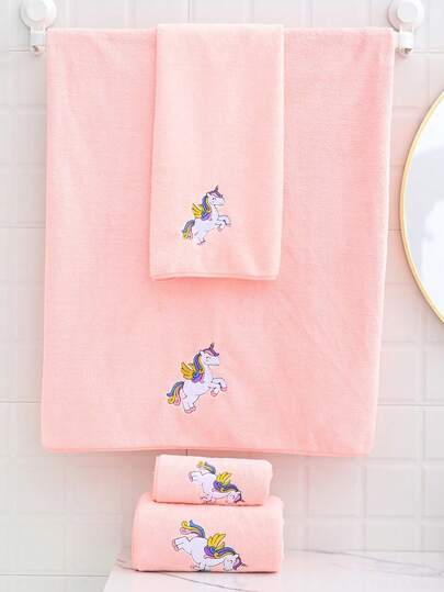 1 pieza Toalla de baño/toalla para el cabello de felpa coral suave y absorbente con bordado de unicornio de secado rápido, adecuada para lavarse la cara y bañarse