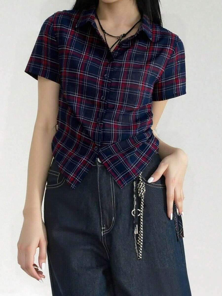 2025 Women's Fashionable Plaid Casual Shirt, Summer - Navy Blue - View 1