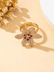 1pc Women's Flower Petal Ring, White Enamel Flower With Faux Gem Center, Suitable For Daily Wear And Vacation