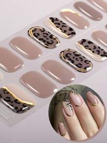 16pcs Leopard Print Semi-Cured Gel Nail Stickers, Brown & Gold Line Full Cover, Easy Nail Art, Salon Quality, Women Home DIY Nail Decals - Brown - View 1