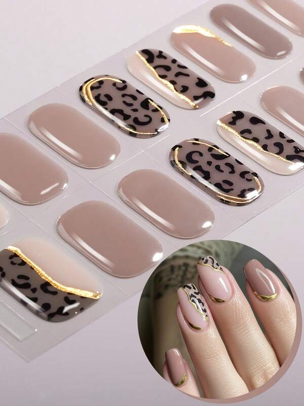 16 piezas de tiras de gel para uñas con estampado de leopardo, envoltorios completos de gel con líneas doradas en tonos marrones, fácil de manicura, calidad de salón, calcomanías para uñas para mujeres para hacer en casa
