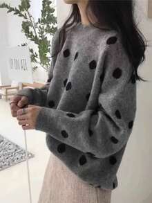 EAVA Fashion 女款針織上衣，灰色配黑色波點長袖套頭毛衣，標準版型，羅紋針織細節，舒適面料 - 灰色 - 查看 3