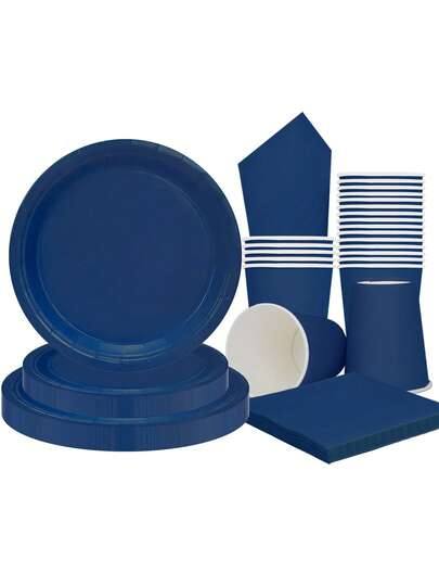 10pcs Navy Blue Party Supplies Set, Including Paper Plates, Napkins, Cups And Cutlery, Suitable For Navy Blue Themed Party Decorations. Blue Paper Plate Set, Party Pack, Suitable For Men's Christening, Birthday, Graduation Party And Other Occasions.