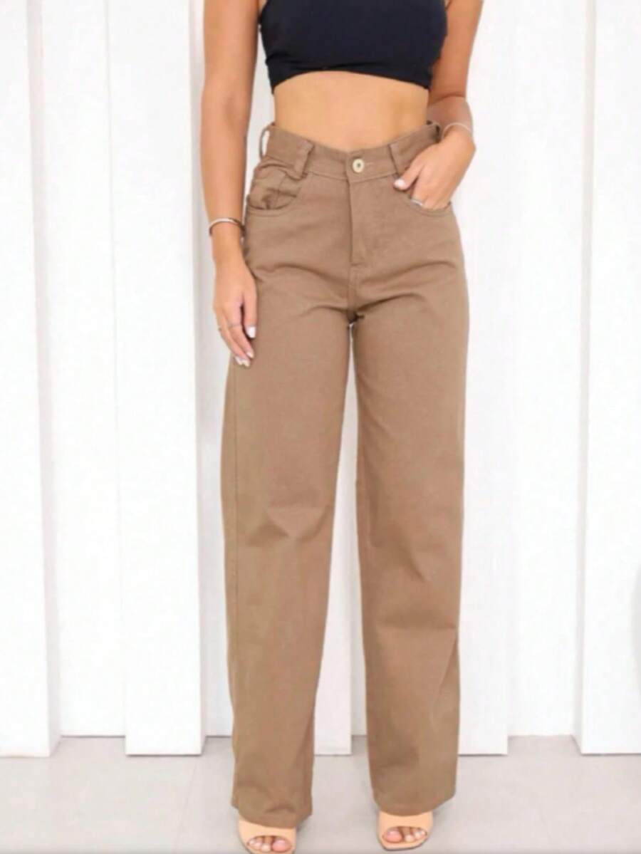 Women's Wide Leg Jeans, High Waist, Butt Lifting Pants - 卡其色 - 查看 1