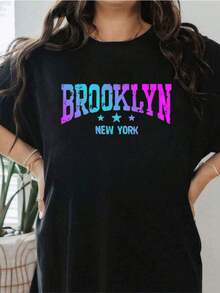 Camiseta "Brooklyn" de Nueva York ,Camiseta informal de algodón de verano para mujer, manga corta, cuello redondo, 220 g/m2 (1 pieza) - Negro - Ver 1
