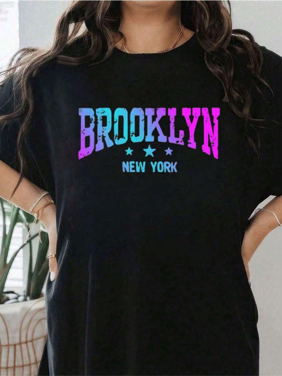 Camiseta "Brooklyn" de Nueva York ,Camiseta informal de algodón de verano para mujer, manga corta, cuello redondo, 220 g/m2 (1 pieza) - Negro - Ver 1